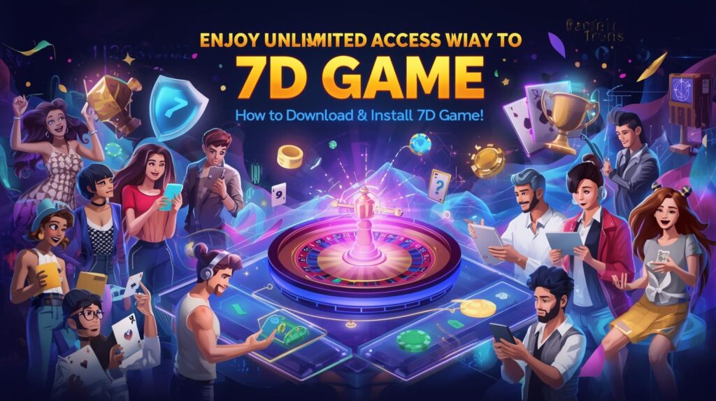 Create a vibrant high energy digital illustration titled Enjoy Unlimited Access to 7D Game How to Download Install 7D Game APK Anywhere in bold glowing modern typography at the top center of the im 1